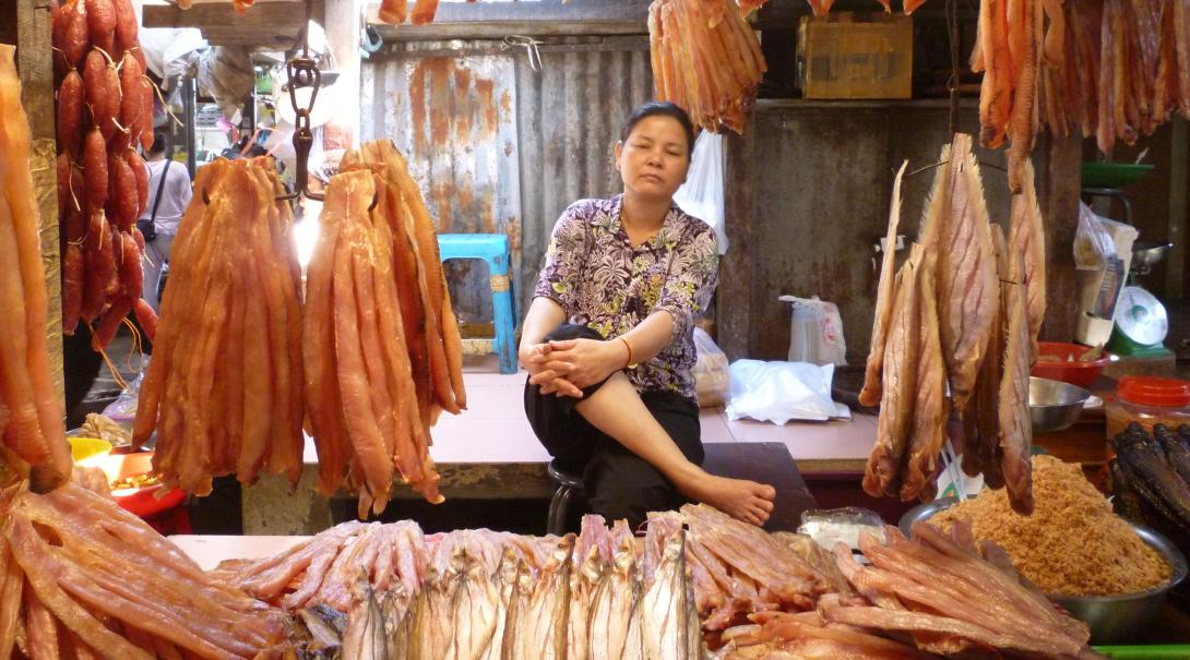 A Cambodian fishmonger sits proudly at her place of business Local business owner sits by her stall and sells her products in Cambodia